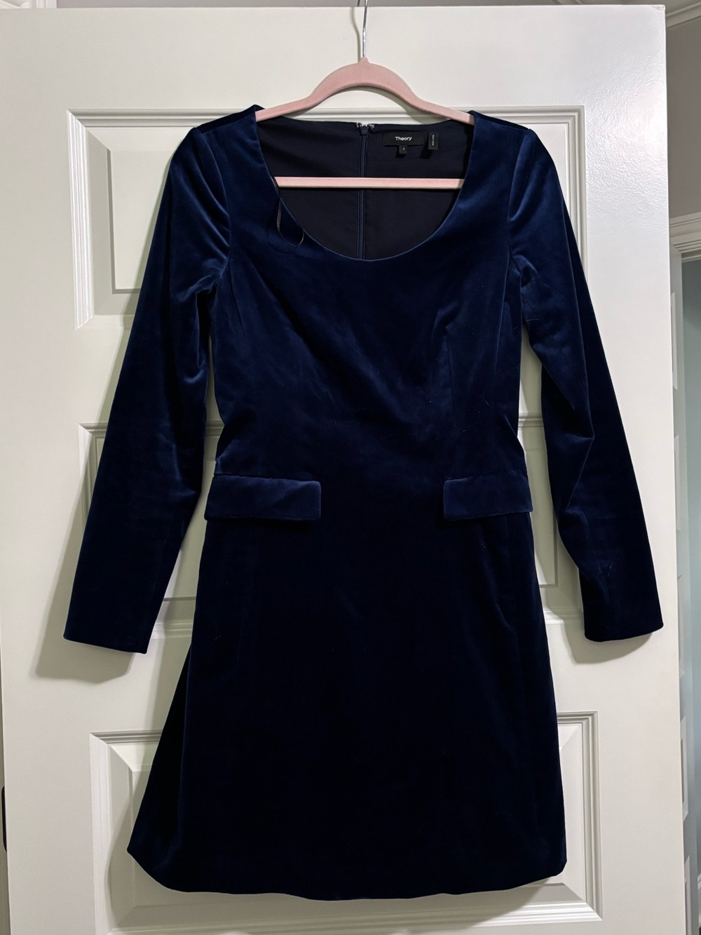 Theory Navy Velvet Long-Sleeve Scoop Neck Dress